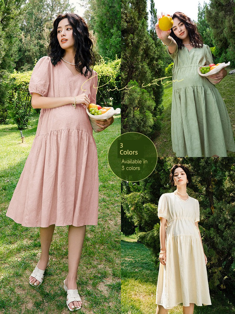 Pure Cotton French Spring/Summer Maternity Dress: Loose, Long, & Short Sleeve