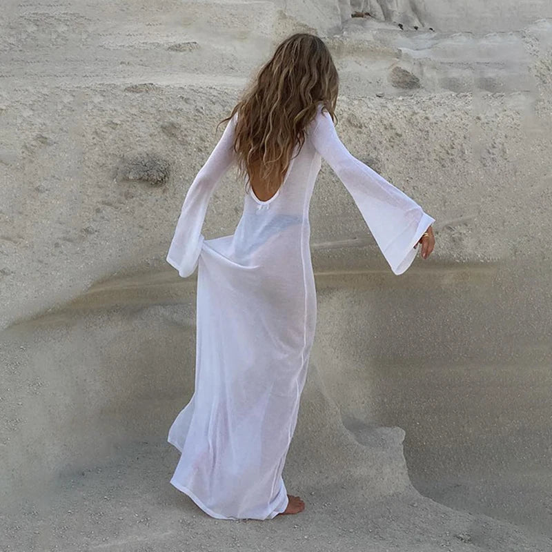 Cryptographic Elegant White Knit Long Sleeve Beach Dress With Sexy Open Back