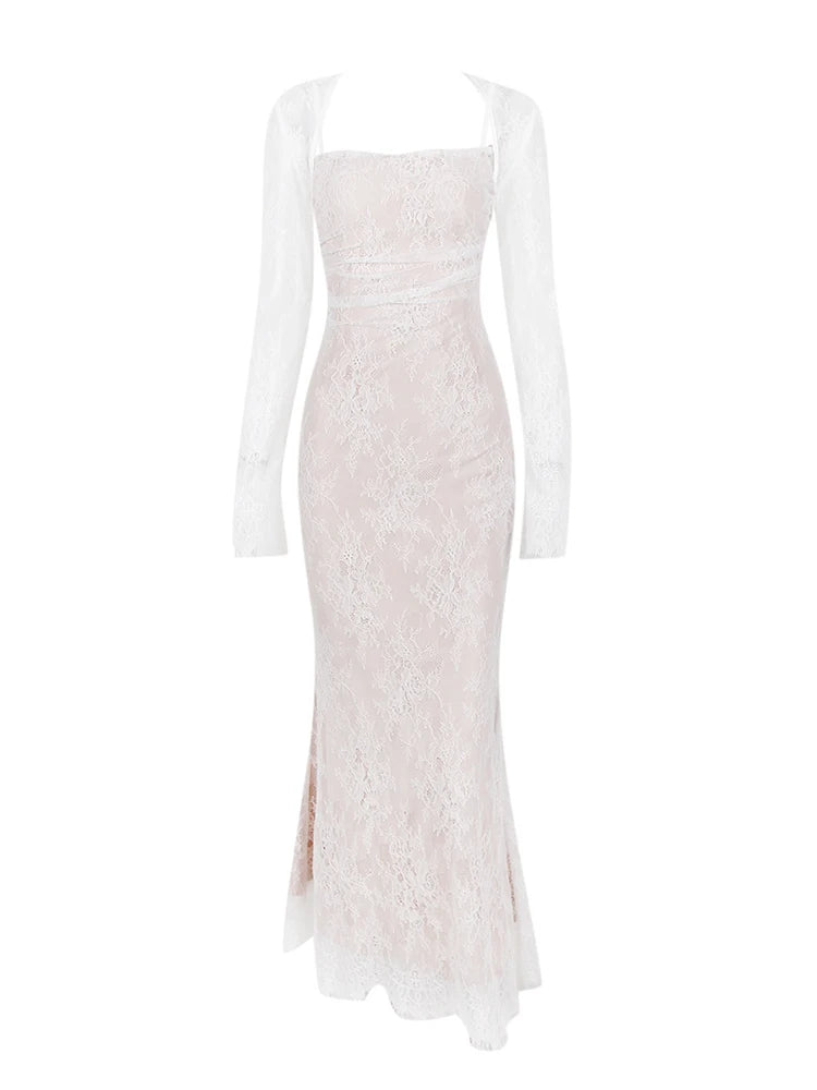Elegant Party Clubwear Double Layer Lace Two Piece Sets With Long Sleeve Spaghetti Strap
