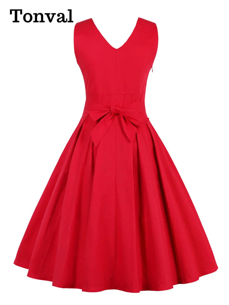 Elegant Vintage V-Neck Pleated & Belted Plain Solid Dress: Wrap Retro Summer Cotton Sizes S - 3X