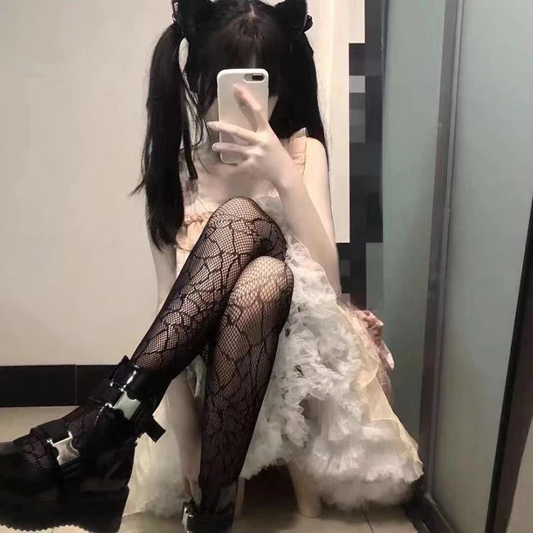 Women Goth Punk Cute Black Mesh Tights Lolita Skull Pattern Fishnet Jacquard Harajuku Stockings Pantygose Leggings Halloween