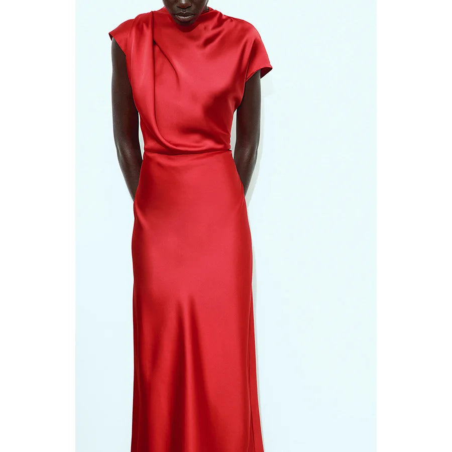 Evening Gala Elegant Red Satin Party Dress: Casual Loose Sleeveless Long Dress