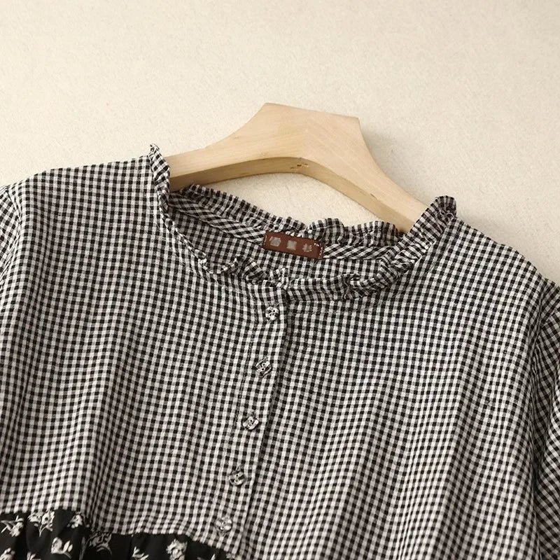 Summer New Arts Style Short Sleeve Loose Patchwork Plaid Vintage Cotton Linen Dresses