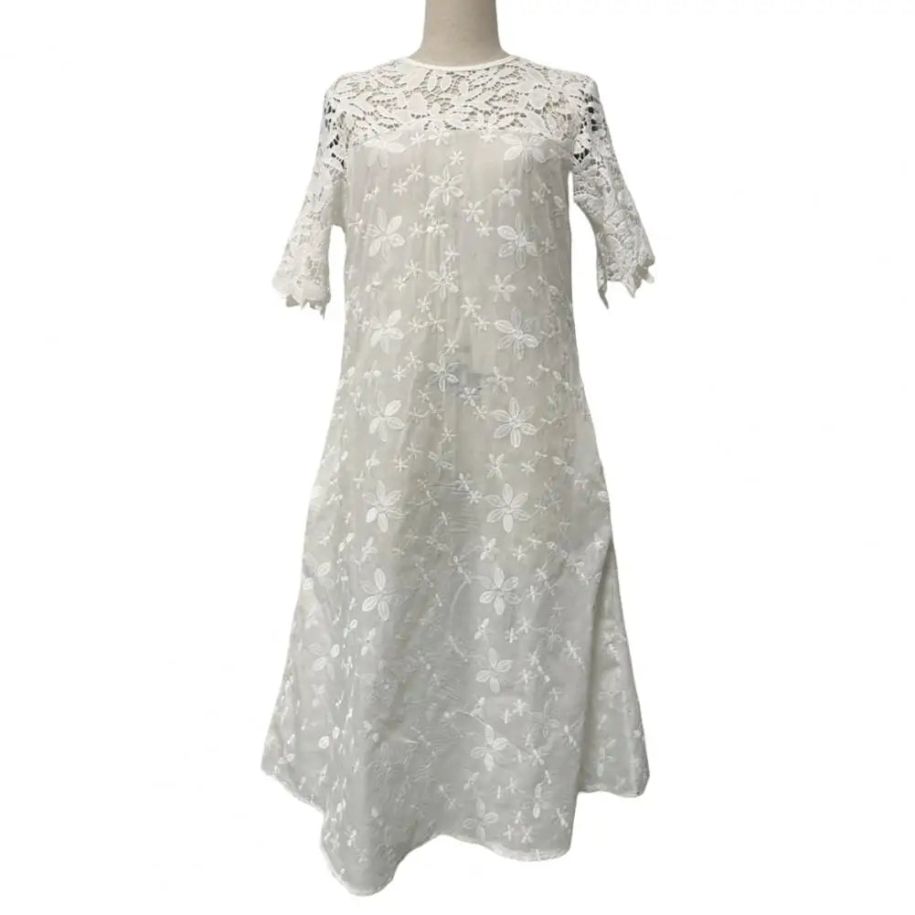 Women's Elegant Beach White Lace Stitching Embroidery Flower Summer Vintage Mini Dress Midi Dress