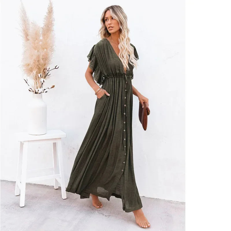 Bohemian Solid Ruffled Sexy Summer Beach Maternity Dress For Photography: V-neck Props Breastfeeding