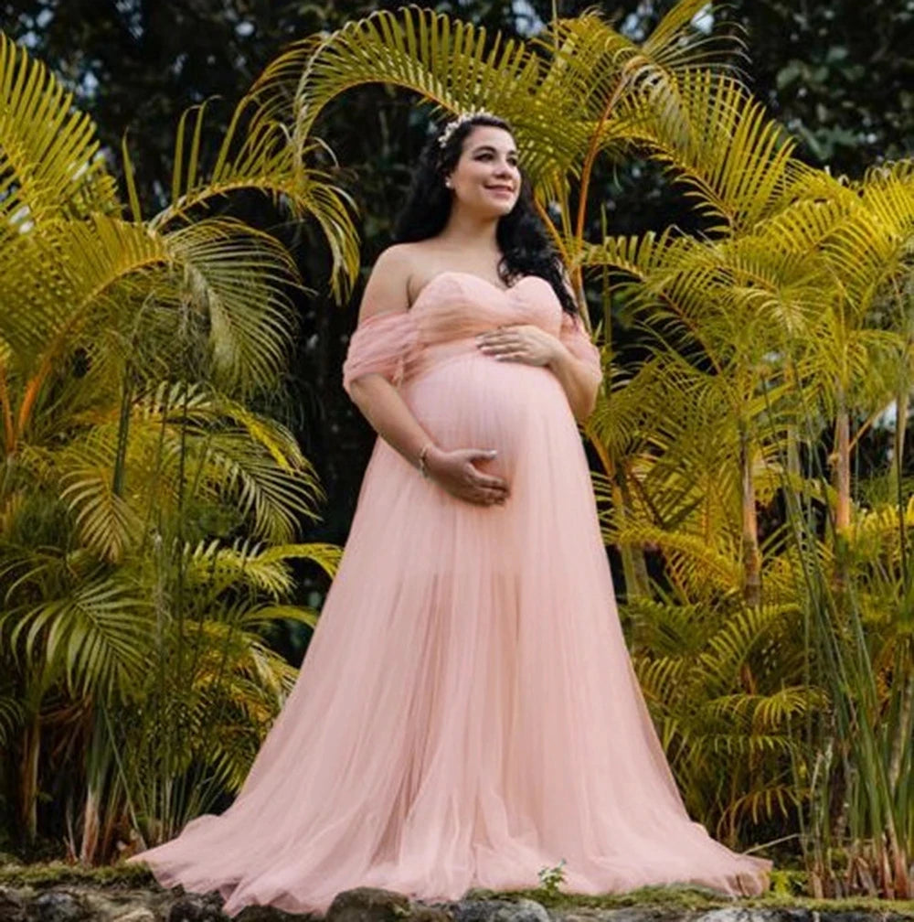 Lace Bust Off Shoulder Maternity Dress: Long Maxi Gown For Photo Shoot W/ Crown/Wreath