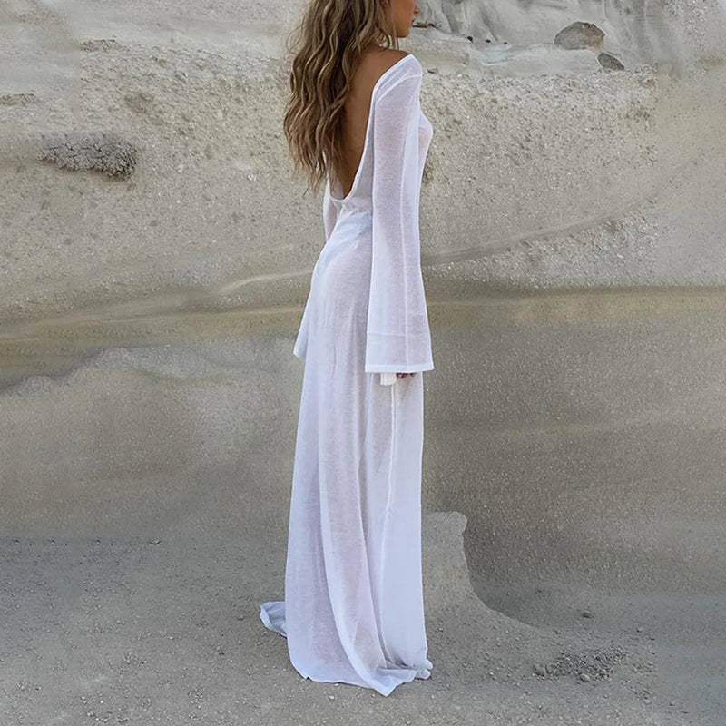 Cryptographic Elegant White Knit Long Sleeve Beach Dress With Sexy Open Back