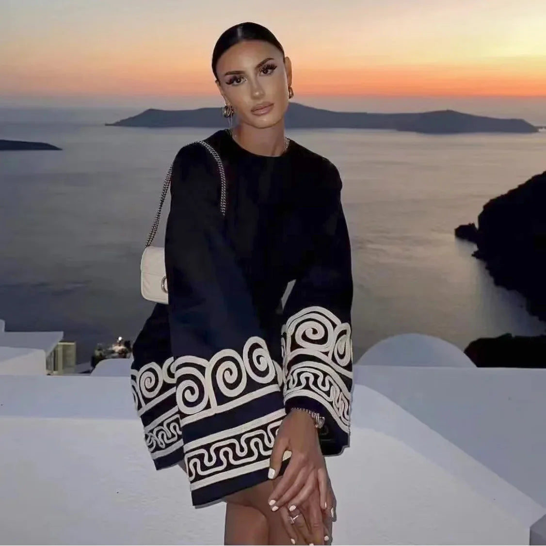 Beach Style Black Embroidery Long Sleeve Mini Dress With High Waist