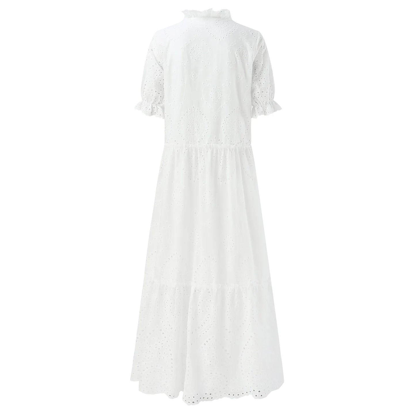 New Boho Casual Lace Floral Dress Short Sleeve Lace-Up V-Neck Beach Dress