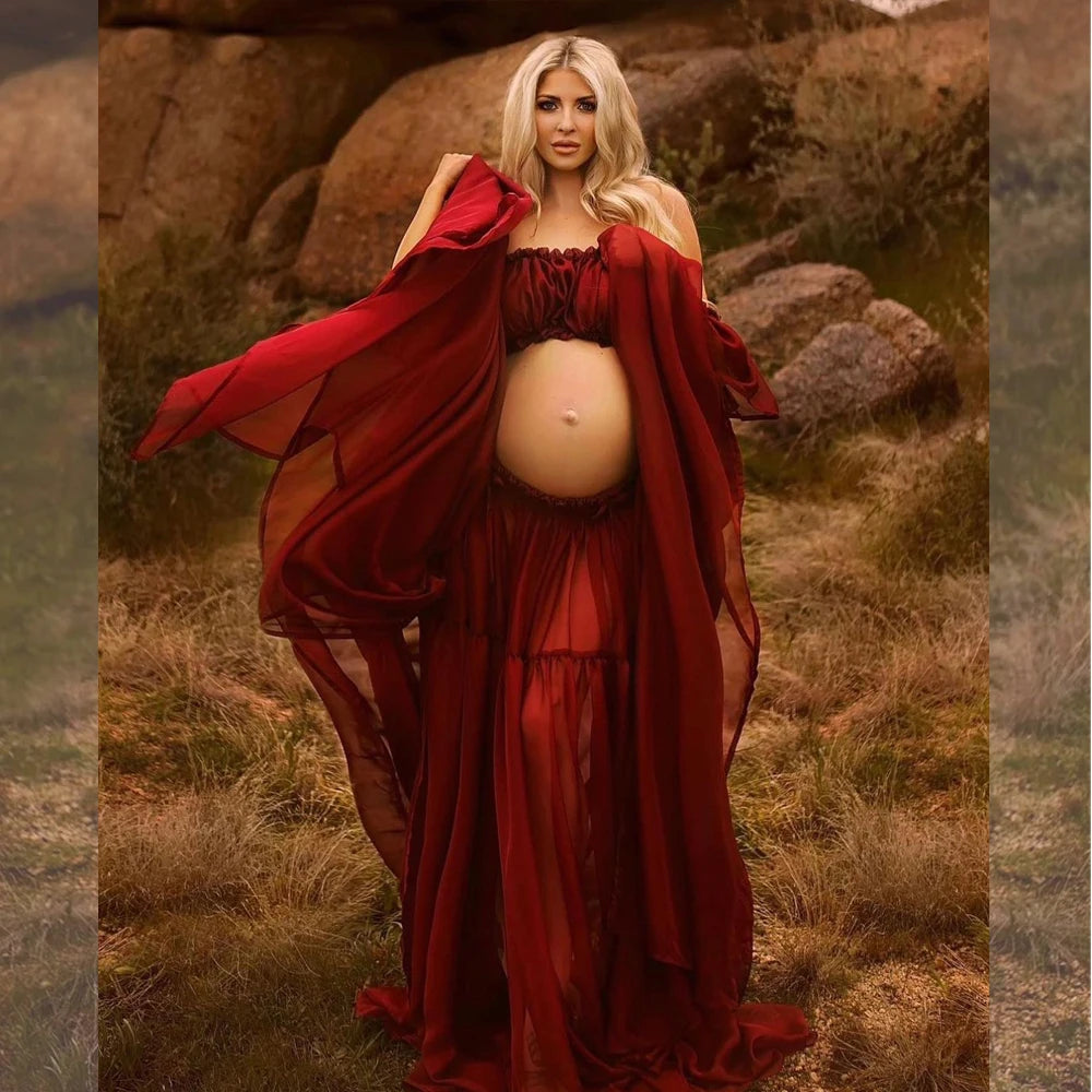 Bohemian Maternity Off Shoulder Ruffled Semi Transparent Chiffon Long Dress For Photography Photoshoot