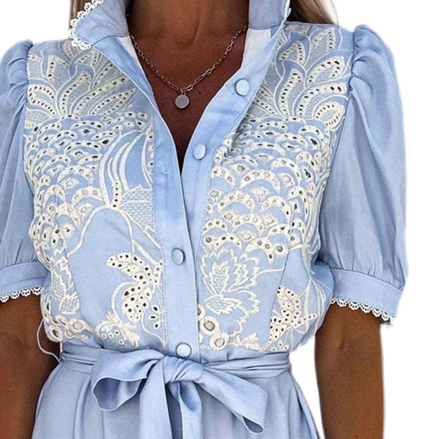 New White Hollow Embroidery Elegant W/ Short Sleeves For Spring & Summer Clothing