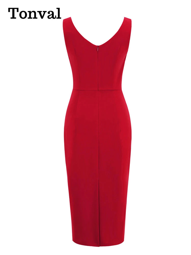 Sweetheart Neck Sleeveless Office Midi Pencil Dress: Vintage Red Solid Elegant Slim Bodycon