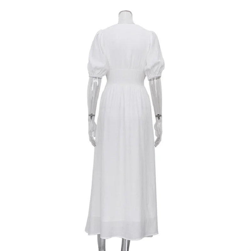 French Puff Sleeve Button Chic Long Dress: Summer 2024 New Party Strapless High Split