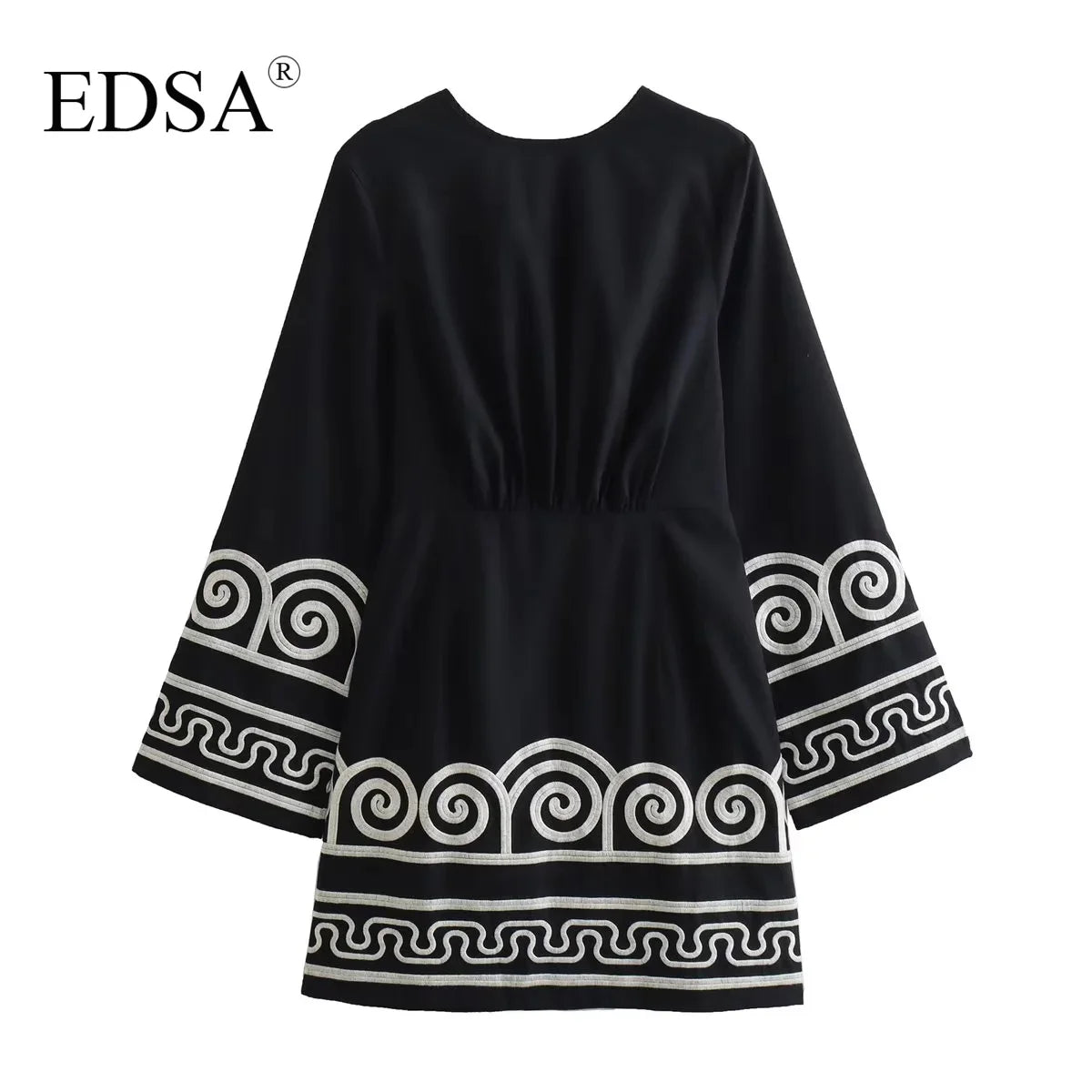 Beach Style Black Embroidery Long Sleeve Mini Dress With High Waist