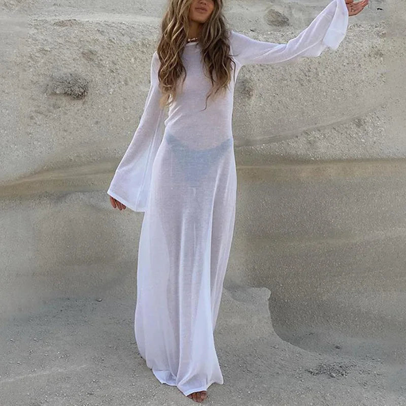 Backless Mesh See Through Long Sleeve Womens Beach Dress Sexy White Maxi