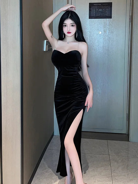 Women's Sexy Wrapped Chest Backless High Split Velvet Wrapped Hip