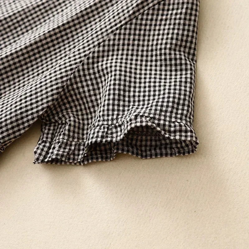 Summer New Arts Style Short Sleeve Loose Patchwork Plaid Vintage Cotton Linen Dresses