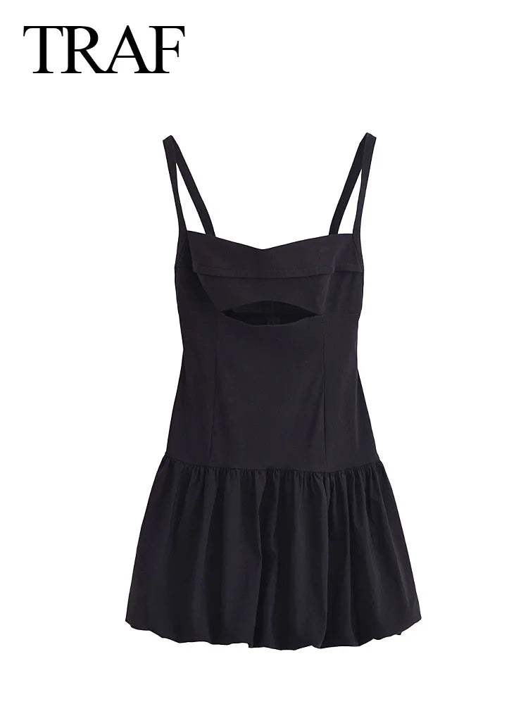 Hollow Out Pleated Fashion Sexy Mini Dress: Black Sleeveless Backless