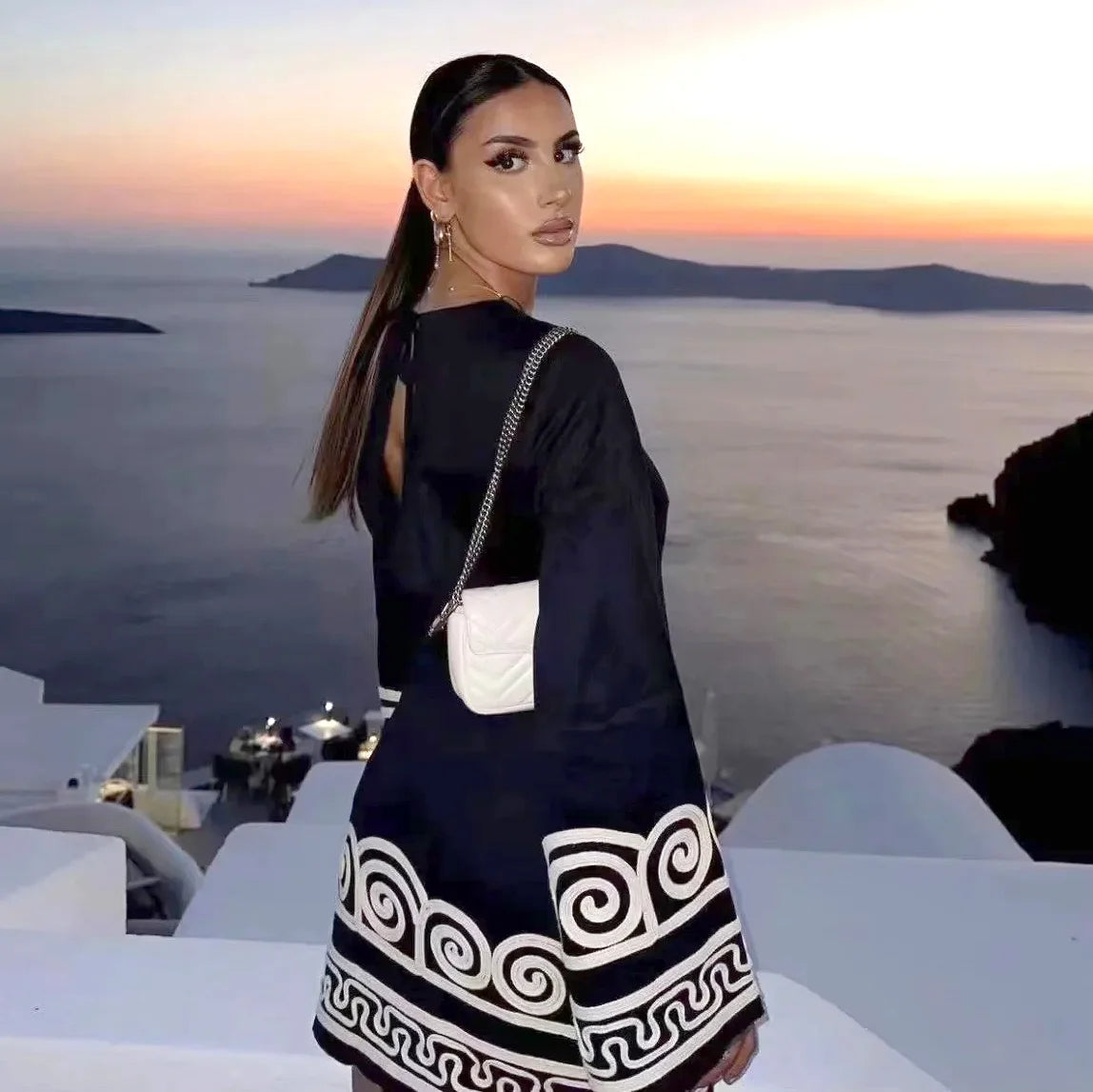 Beach Style Black Embroidery Long Sleeve Mini Dress With High Waist