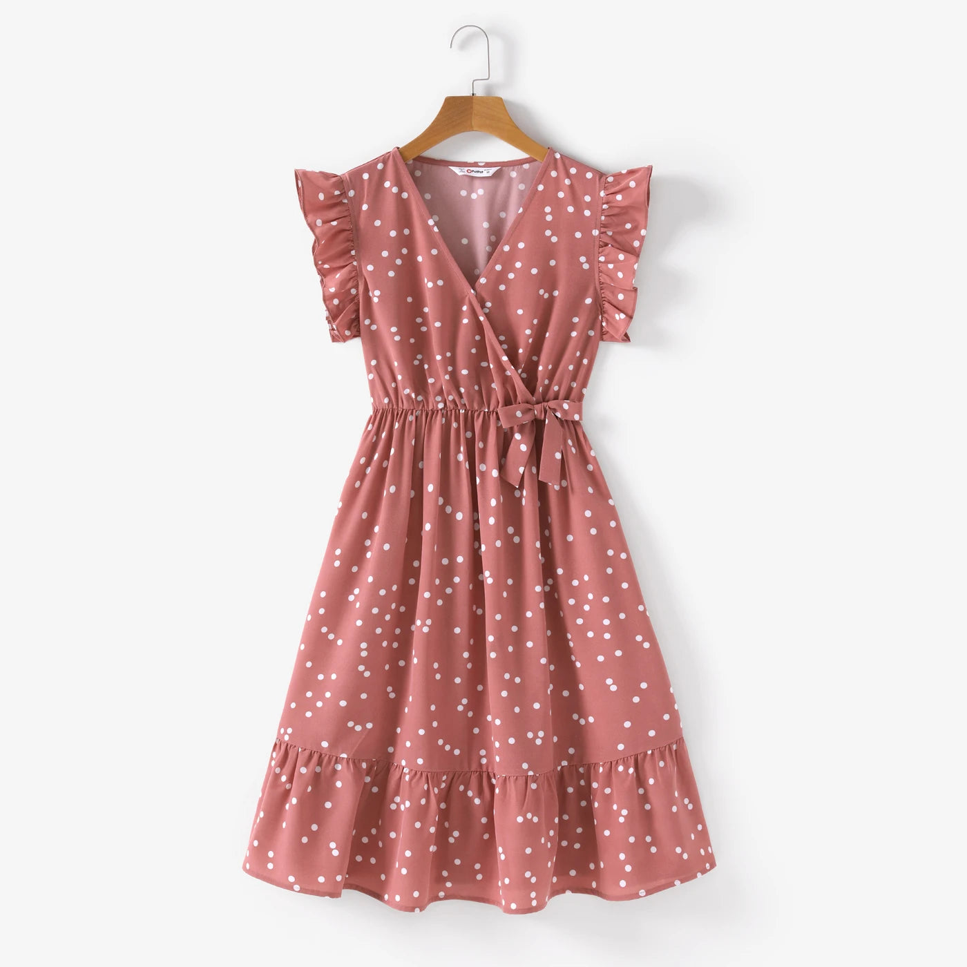 Pink Dots Cross Wrap V Neck Ruffle Flutter-sleeve Matching Outfits For Mother & Daughter