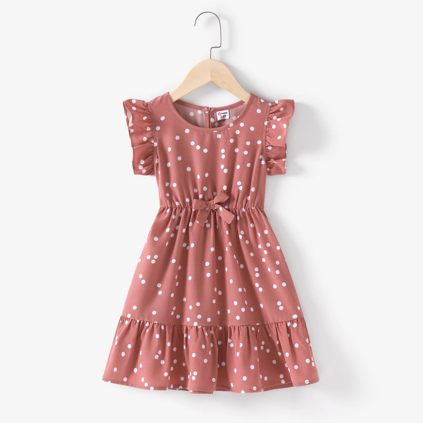 Pink Dots Cross Wrap V Neck Ruffle Flutter-sleeve Matching Outfits For Mother & Daughter