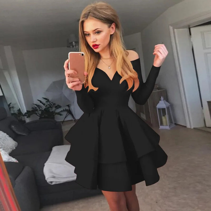 Autumn New Solid Color Long Sleeve Sexy Clubwear V-Neck Off The Shoulder Evening Party Dress