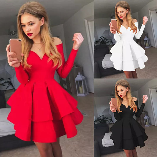Autumn New Solid Color Long Sleeve Sexy Clubwear V-Neck Off The Shoulder Evening Party Dress