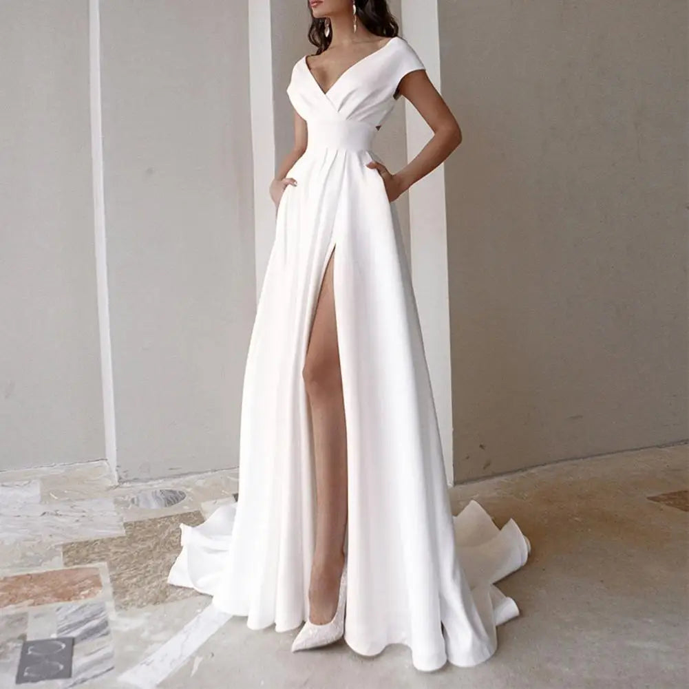 Conservative & Respectable V-neck High Waist Side Split Dress