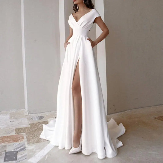 Conservative & Respectable V-neck High Waist Side Split Dress