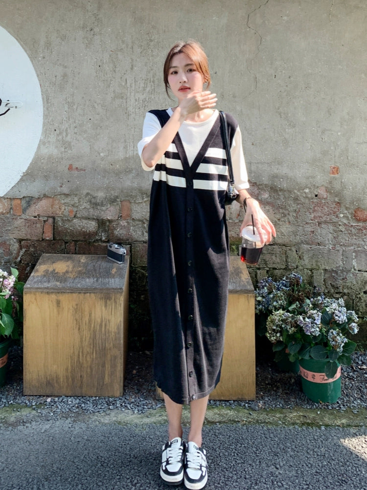 Women's Summer False Two-Piece Patchwork Striped Dress 2024 New Arrival: Youthful-Looking Loose Belly-Covering Late Pregnancy