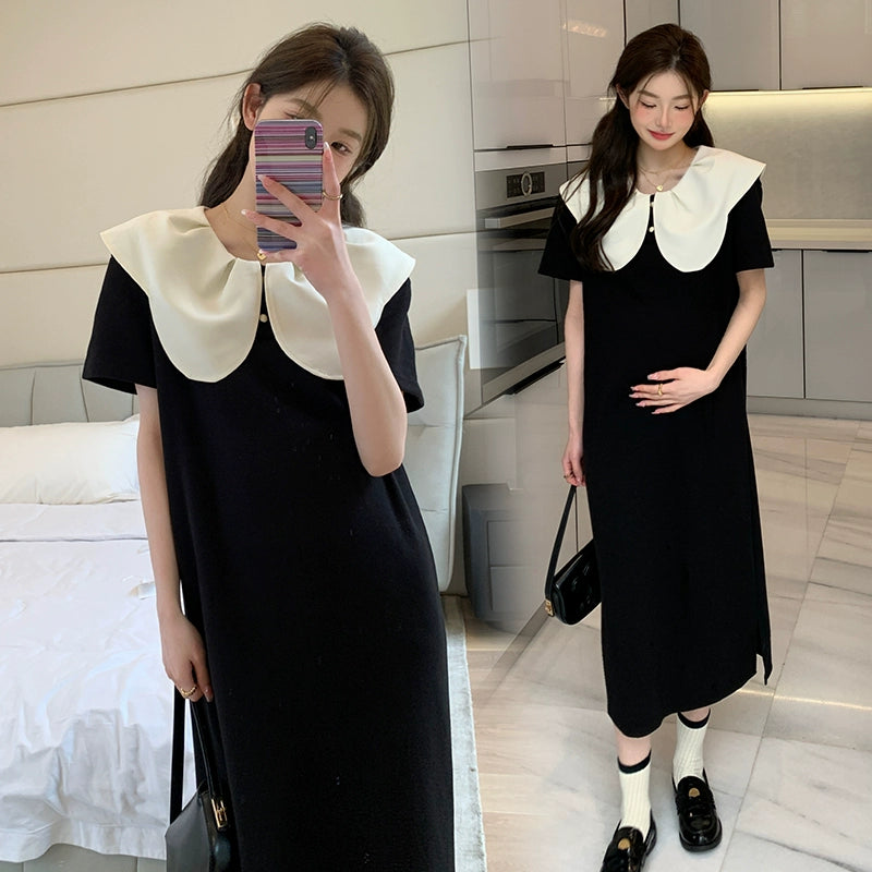 Doll Collar Maternity Dress & Safety Pant Separates: Slimming, Short Sleeve, Long Summer Dress 2024 New Arrival