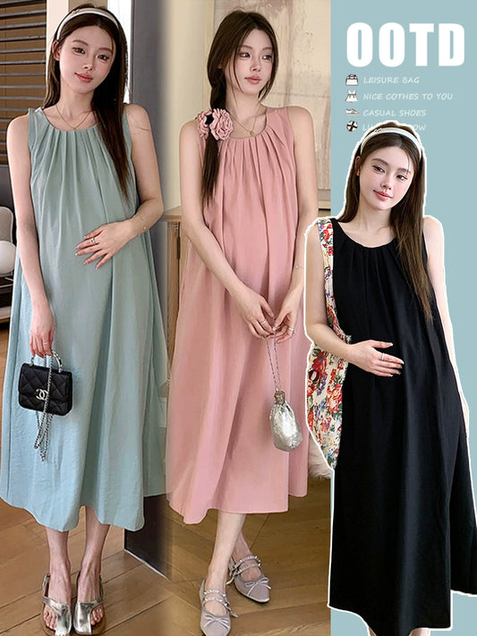 Pleated Neckline Western Style Fashion Sleeveless Vest Dress: Maternity Summer Dress 2024 New Arrival