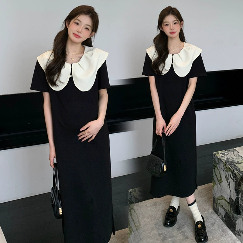 Doll Collar Maternity Dress & Safety Pant Separates: Slimming, Short Sleeve, Long Summer Dress 2024 New Arrival