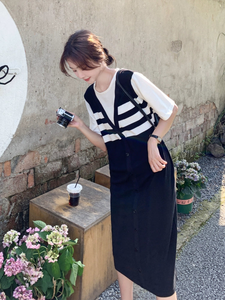 Women's Summer False Two-Piece Patchwork Striped Dress 2024 New Arrival: Youthful-Looking Loose Belly-Covering Late Pregnancy