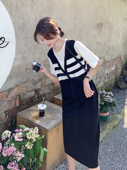 Women's Summer False Two-Piece Patchwork Striped Dress 2024 New Arrival: Youthful-Looking Loose Belly-Covering Late Pregnancy