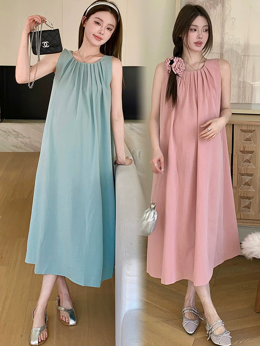 Pleated Neckline Western Style Fashion Sleeveless Vest Dress: Maternity Summer Dress 2024 New Arrival