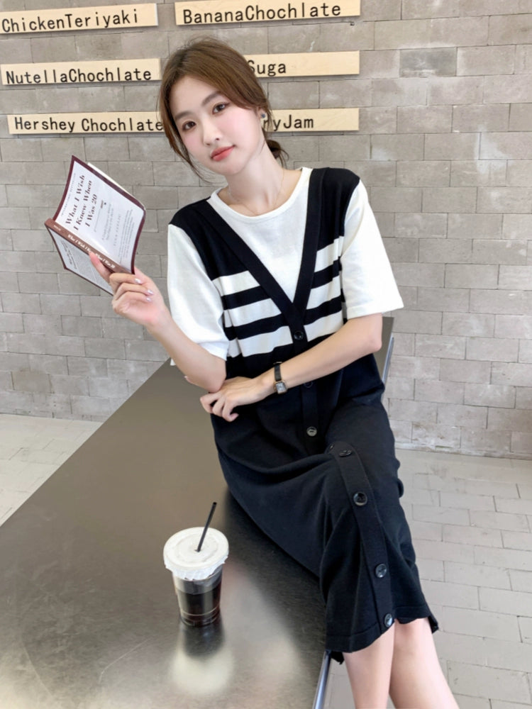 Women's Summer False Two-Piece Patchwork Striped Dress 2024 New Arrival: Youthful-Looking Loose Belly-Covering Late Pregnancy