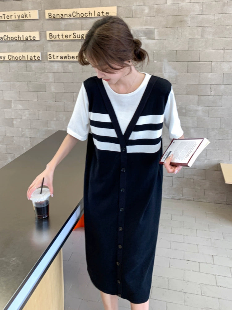 Women's Summer False Two-Piece Patchwork Striped Dress 2024 New Arrival: Youthful-Looking Loose Belly-Covering Late Pregnancy