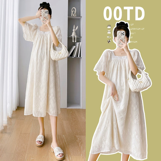 French Retro Crochet Embroidery Summer Maternity Dress Dress: Overknee Loose & Trendy