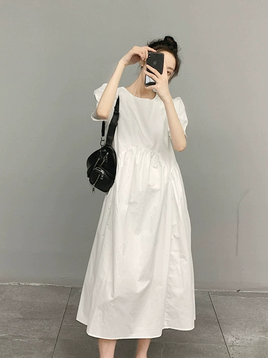 Leisure Forest Hepburn Style Maternity Dress With Fancy Puff Sleeves In White: Plus Sizes
