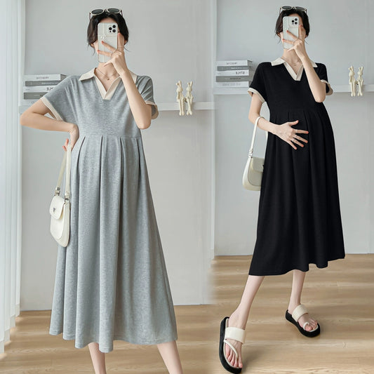 Summer Short Sleeve Maternity Skirt K-style Fashion Mid-Length Loose A-line Dress