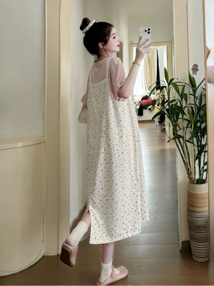 Western Style Women's Sweet Floral Maternity One Or Two-Piece Loose Suit: Suspender Dress in Plus Sizes