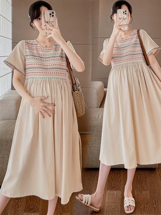Thin National Style Maternity Dress: Mid Length To Long Loose Plus Size 2024 Summer New Arrival