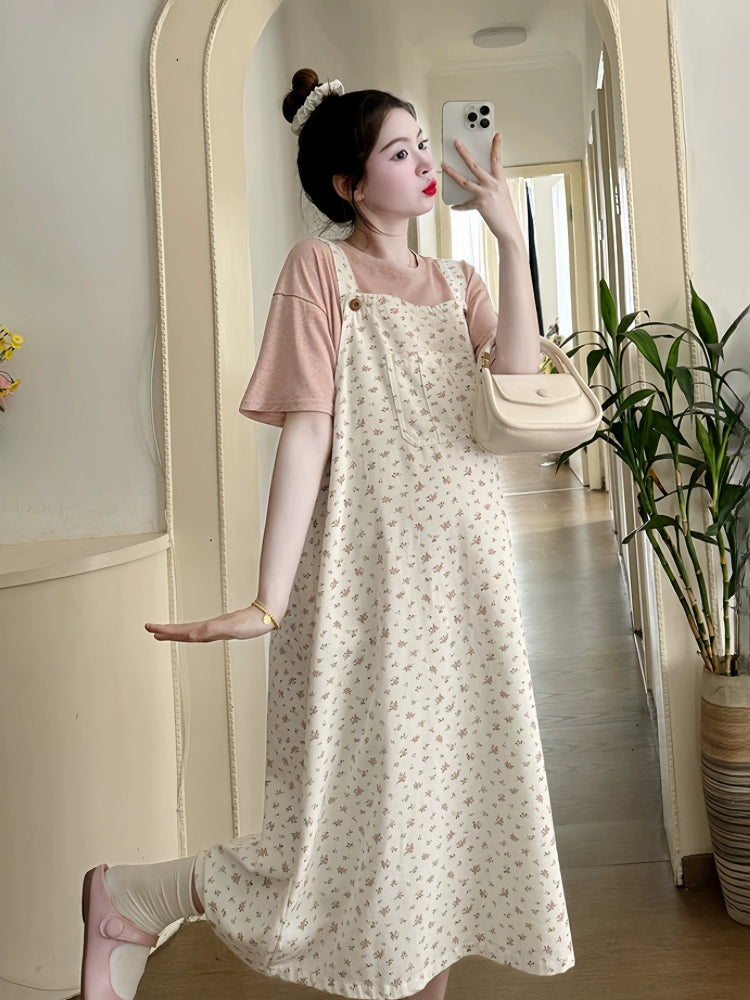 Western Style Women's Sweet Floral Maternity One Or Two-Piece Loose Suit: Suspender Dress in Plus Sizes