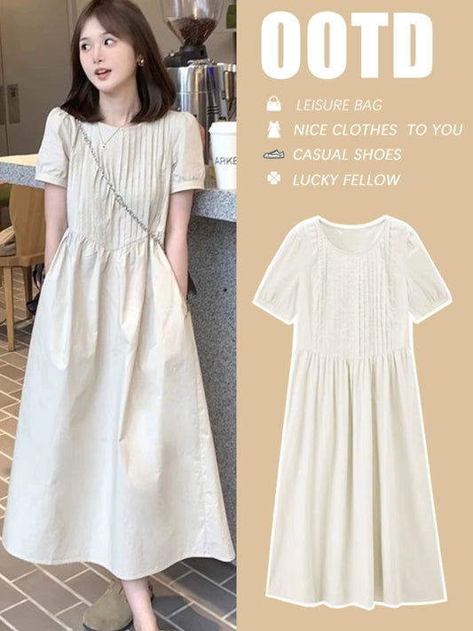 Pleated Front Short Sleeve Round Neck Long Maternity Dress:  2024 New Arrival