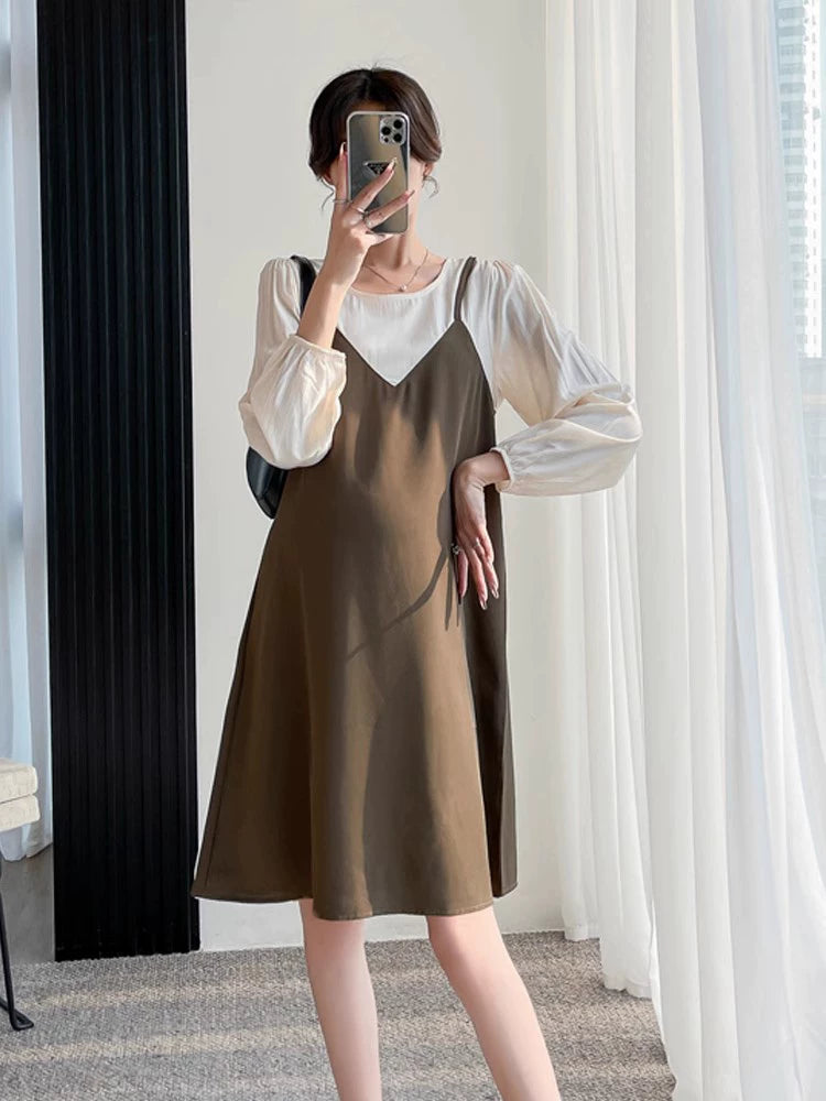 Chifon Trendy Mom Round Collar V-neck Look Autumn Fashion Maternity Dress