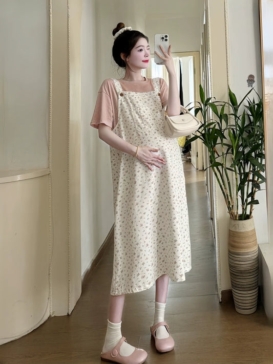 Western Style Women's Sweet Floral Maternity One Or Two-Piece Loose Suit: Suspender Dress in Plus Sizes