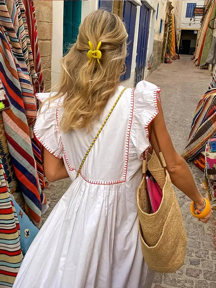 Ladies Holiday Maxi Patchwork Flying Sleeve Dress: 2024 Summer Fashion