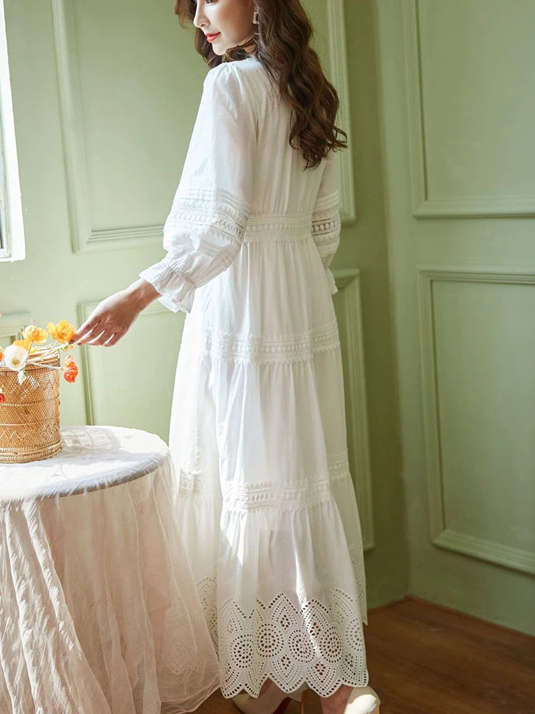 Bohemian Gypsy Lady White Elegant Summer Chic Maxi Dress Tiered Hollowed Out Lace