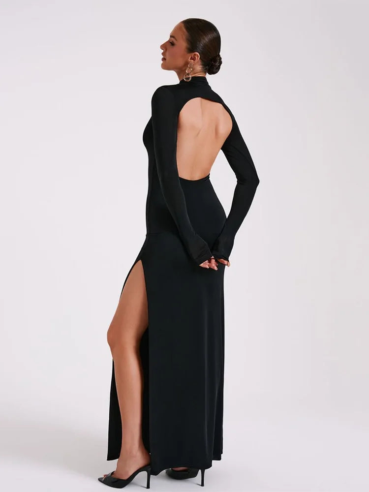 Black Solid Backless Maxi Casual High Slit Long Sleeve: Sexy Bodycon Half High Neck Streetwear